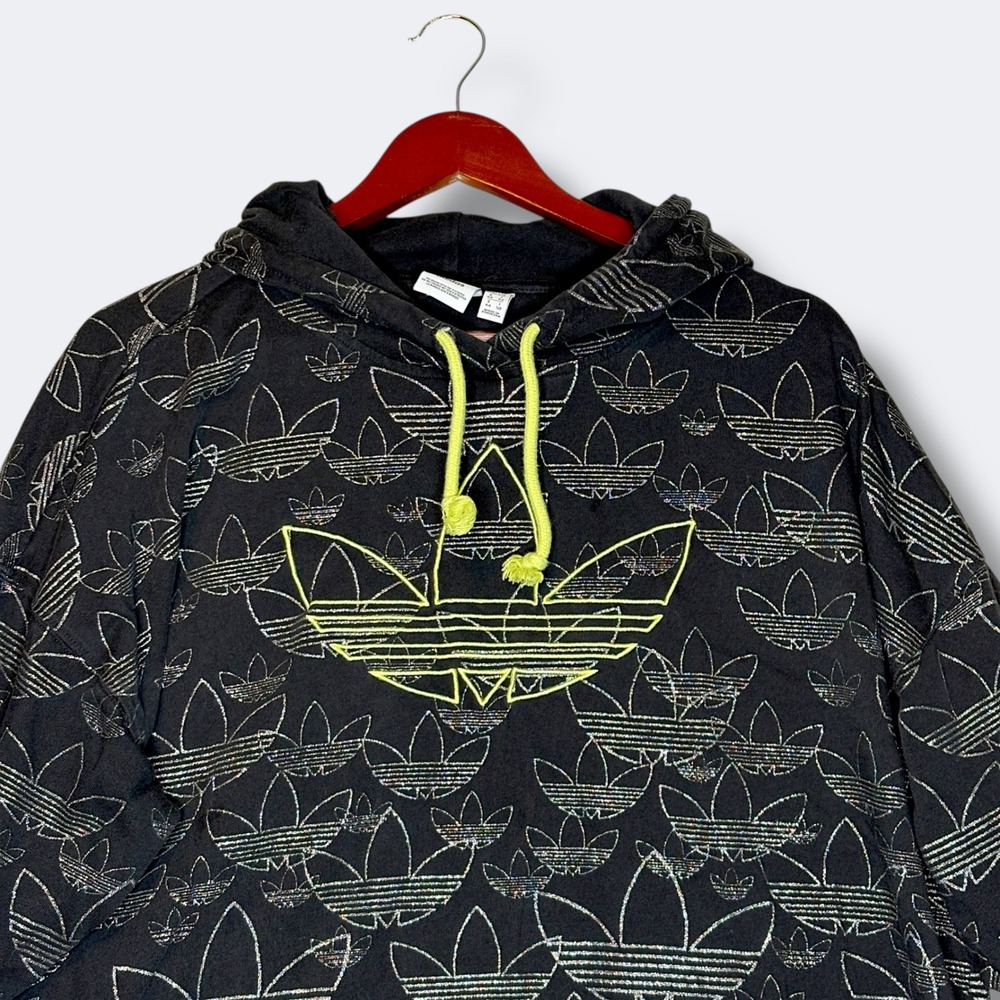 Adidas Womens Trefoil Monogram Glitter Hoodie L Black Neon Yellow Streetwear - Picture 2 of 8